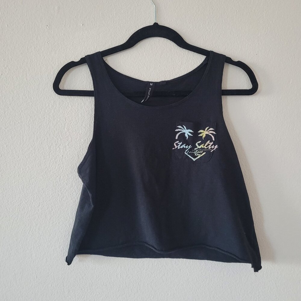 Stay Salty Tank Size M Black Longboat Key Florida Graphic Palm Tree Cropped